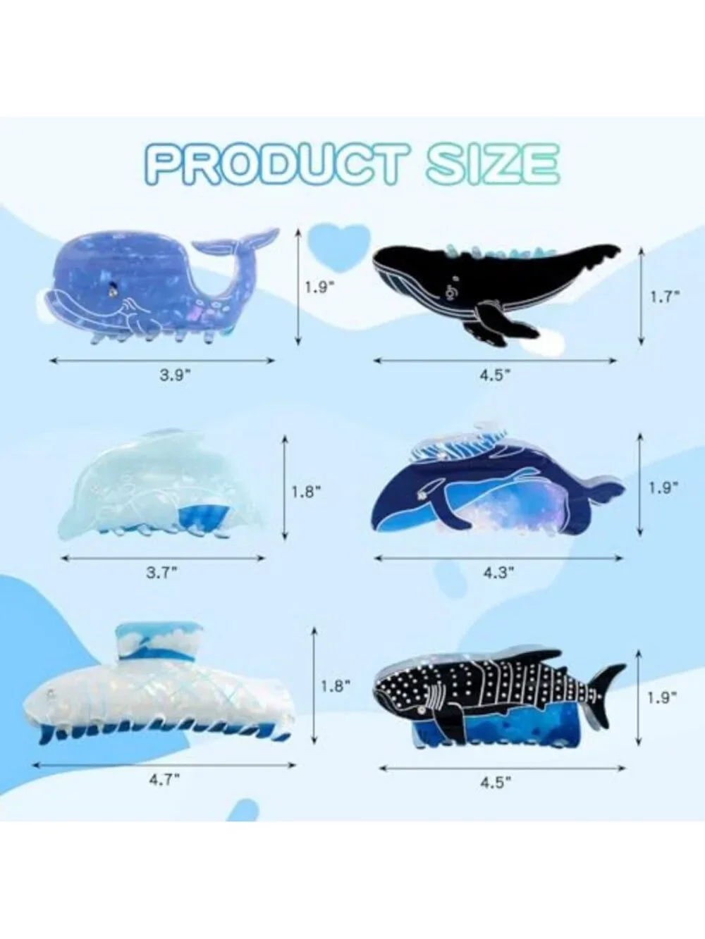 Cute Sea Animal Hair Clips Set - 6 Large Ocean Claw Clips for Thick or Thin